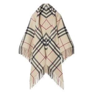 NWT Burberry Archive Beige Classic Check Wool Cape Fringe Shawl Italy 225x85